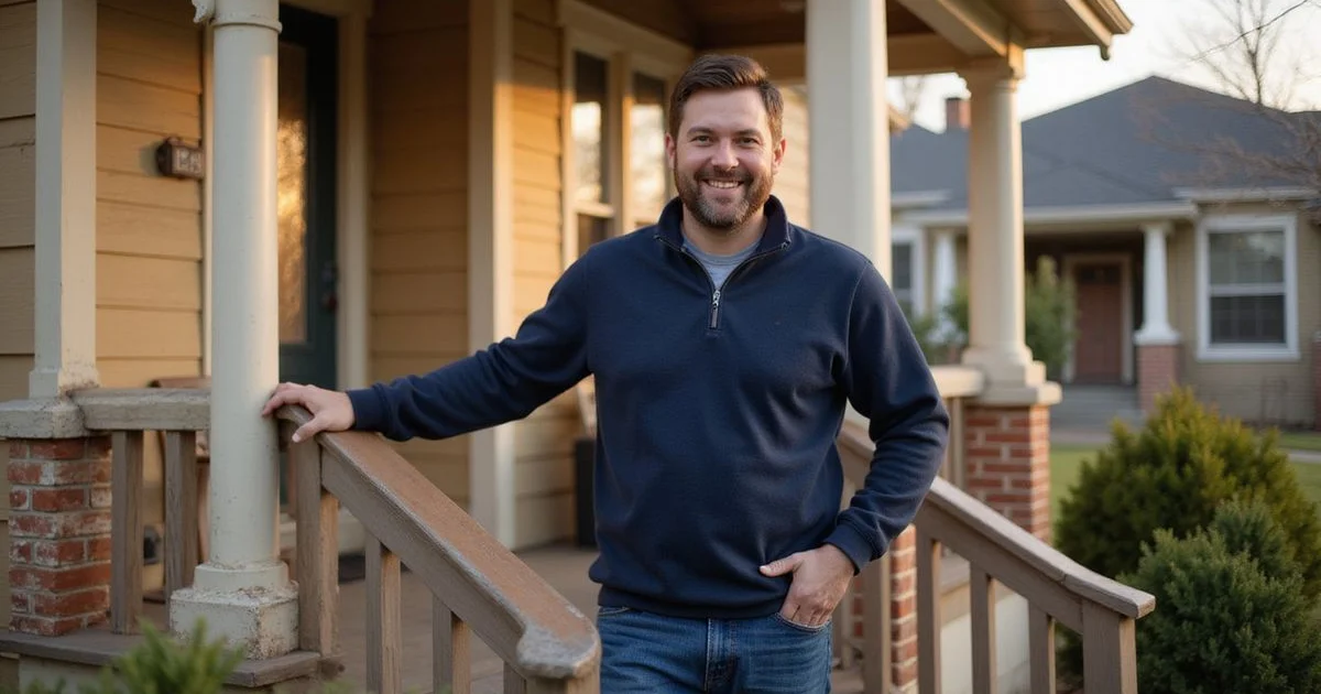Friendly local man in a navy quarter-zip on the porch of a classic Twin Cities home