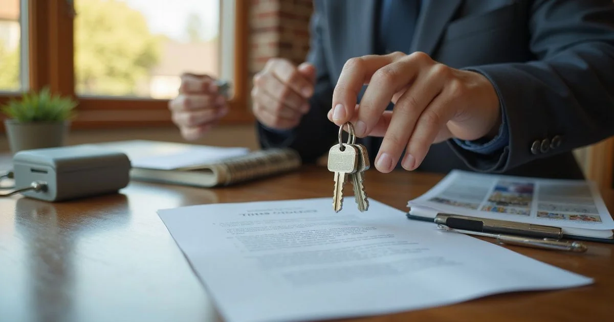 Hand passing a ring of labeled keys across a closing table