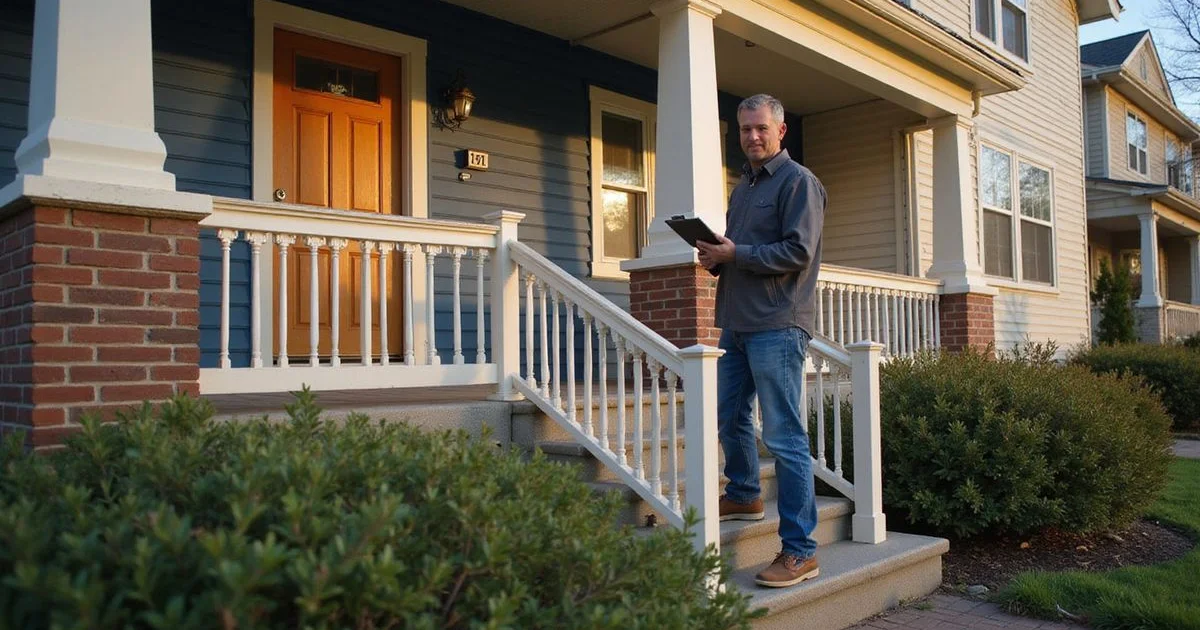 Home evaluator with a clipboard at the front steps of a Minneapolis two-story home