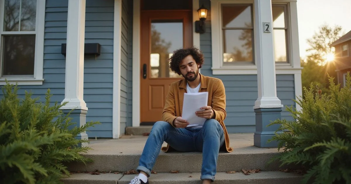Homeowner carefully reading a purchase agreement on a porch