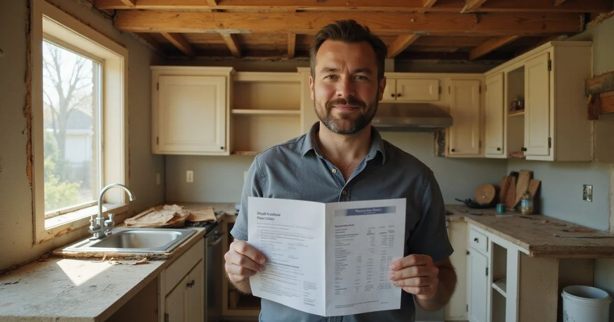 Homeowner holding a contractor estimate in a half-finished kitchen