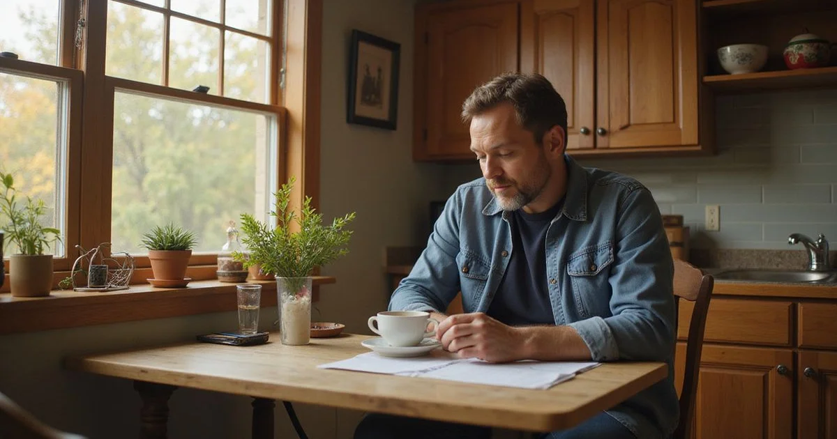 Homeowner reading a letter at a kitchen table in calm natural light