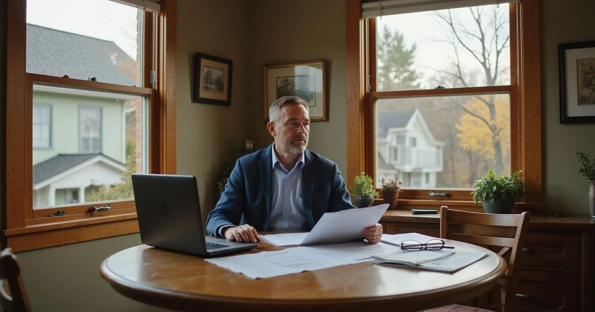 Homeowner reviewing property records on a laptop at a dining table