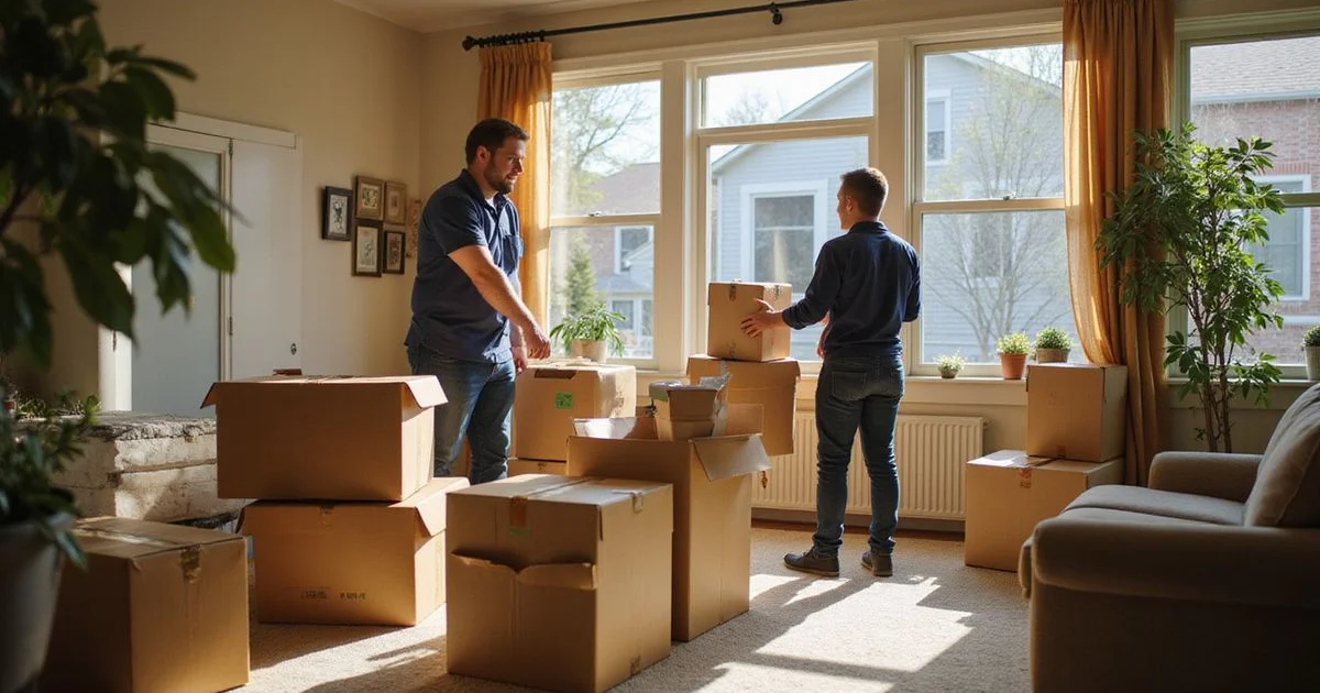Labeled keep, donate, and leave boxes in a sunlit living room