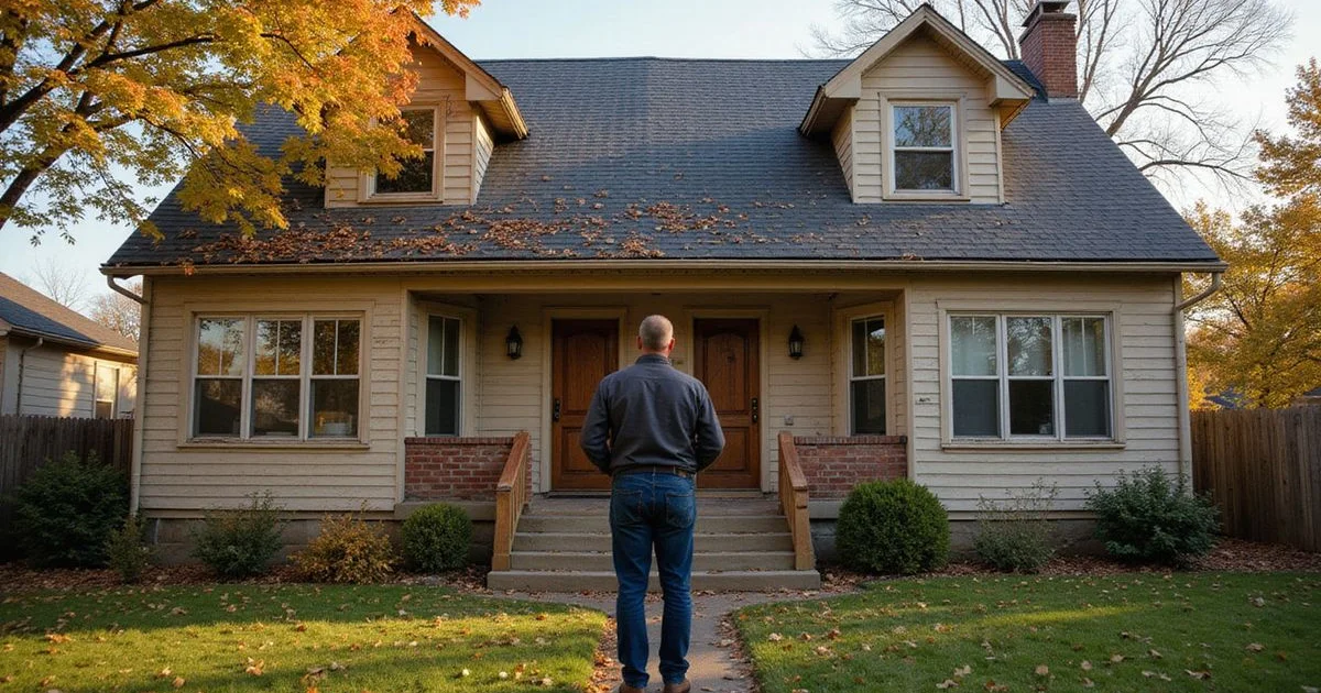 Landlord looking at an aging roof on a Minneapolis duplex in autumn