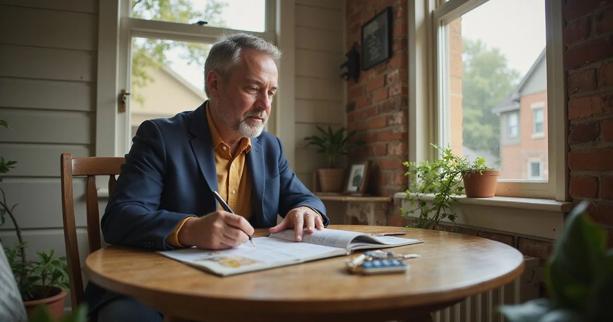 Landlord reviewing a rent ledger at a kitchen table with keys nearby