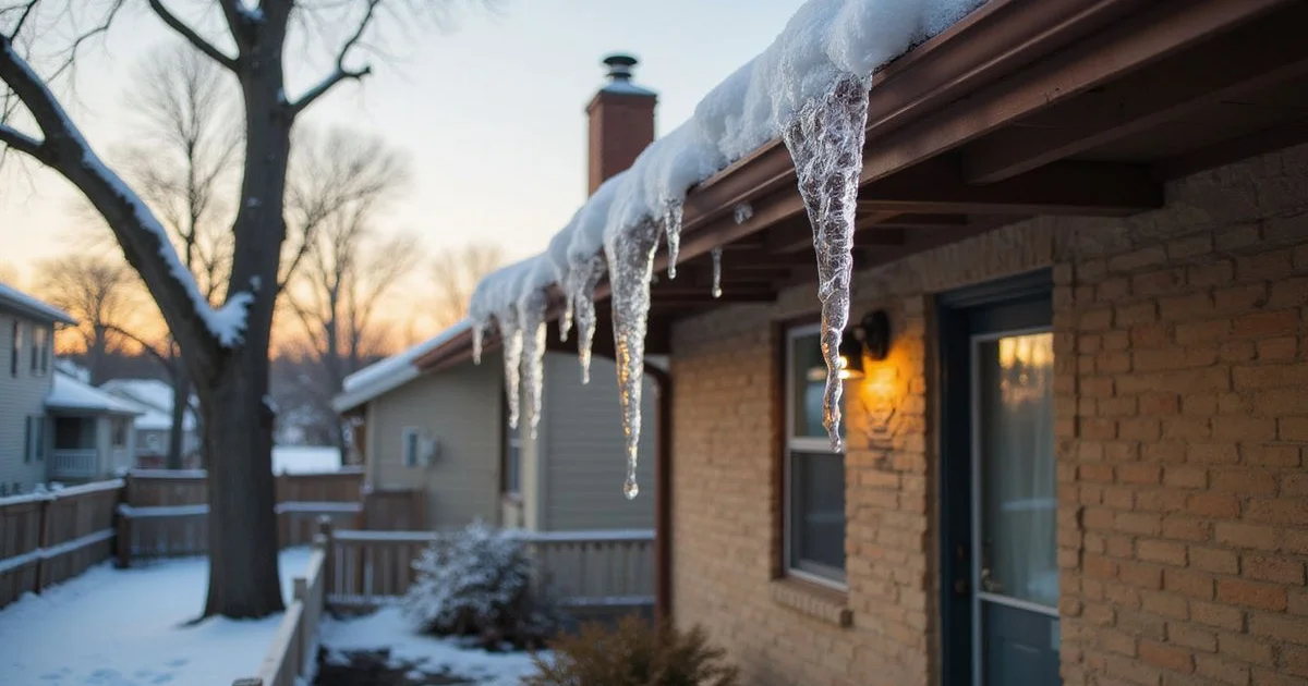 Icicles and an ice dam along the roof edge of a Minneapolis home