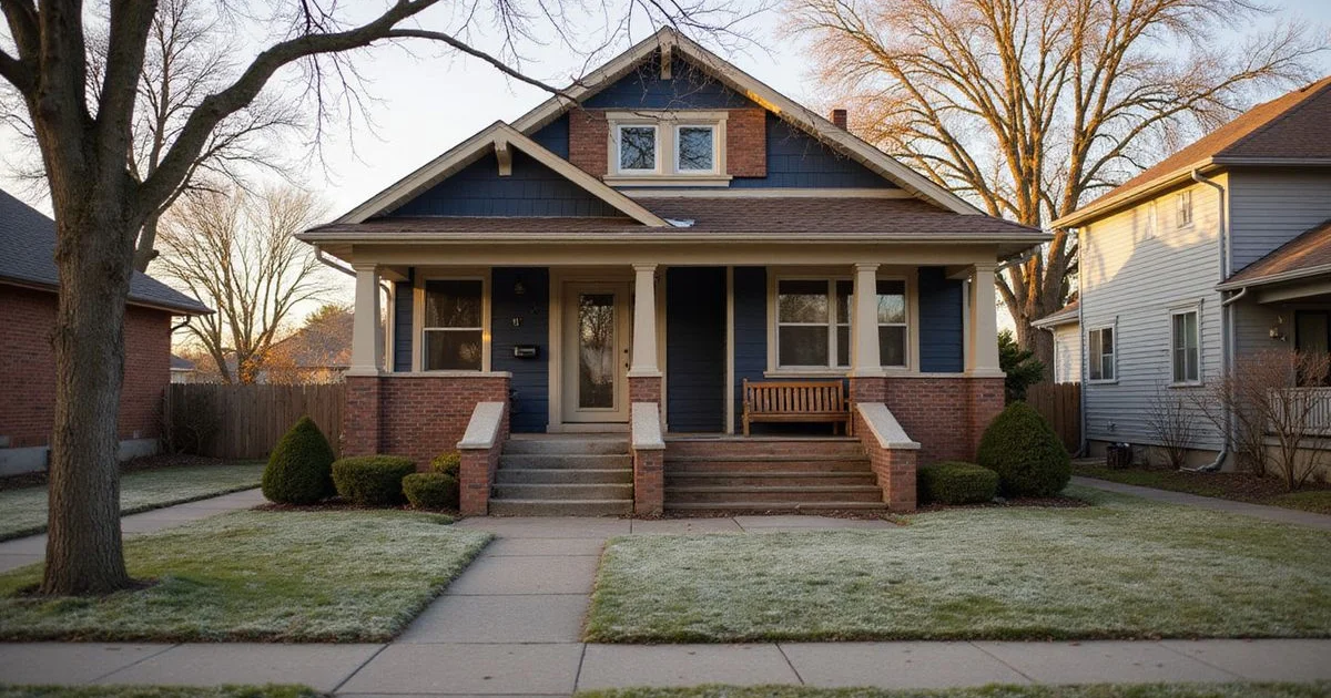 Minneapolis craftsman bungalow with early frost on the lawn in late-autumn light