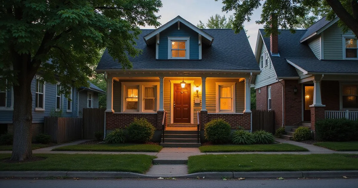 Minneapolis house front at dusk with a warm porch light on