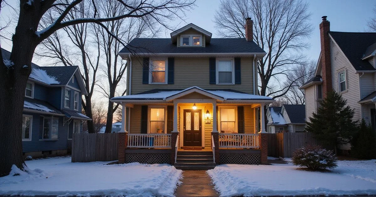 Minneapolis house in winter with a cleared sidewalk and porch light on