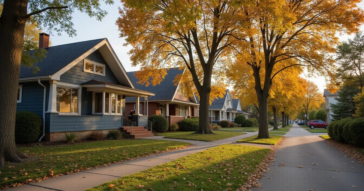 Minnesota neighborhood street of older homes in golden autumn light
