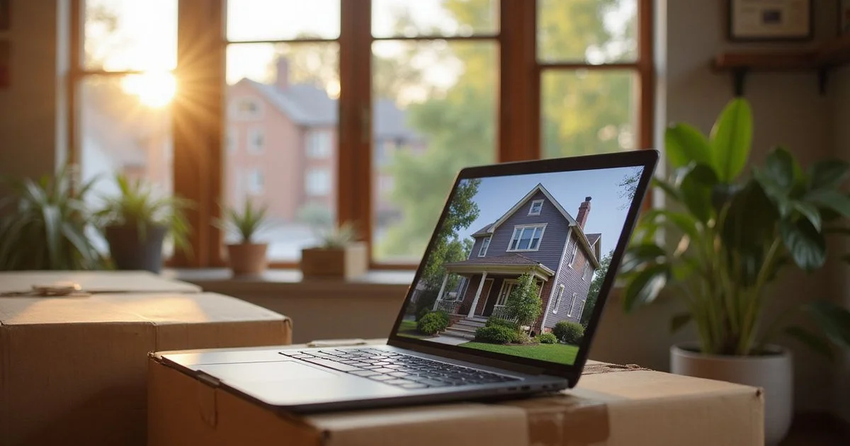 Moving boxes in a new apartment with a laptop showing a Minneapolis house