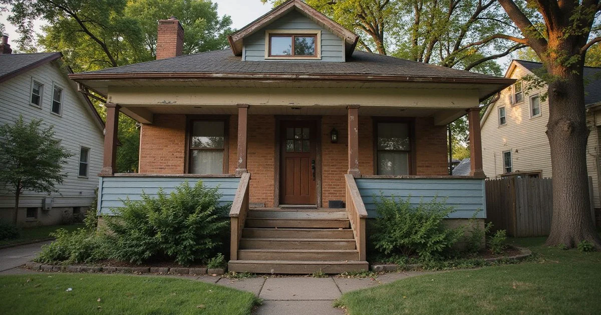 Older Minneapolis home with worn porch steps in golden light