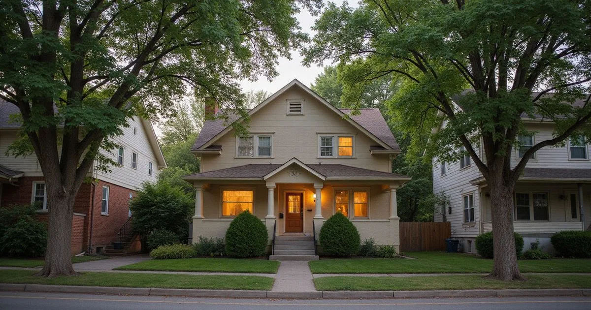 Older Minneapolis stucco home with mature trees in soft evening light