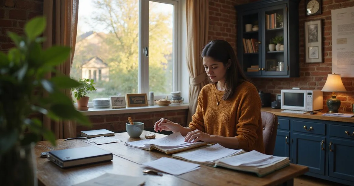 Person organizing receipts and statements into folders in a home office