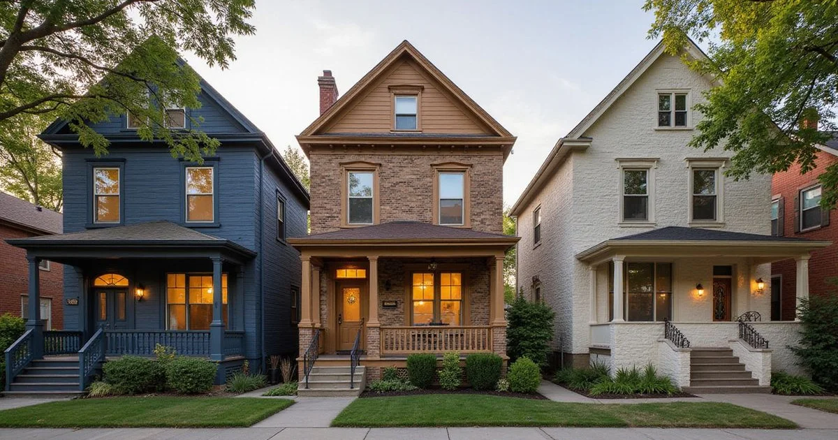 Row of classic Minneapolis homes including a bungalow, a duplex, and a stucco house