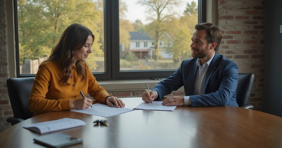 Seller signing closing documents at a title company table with keys nearby