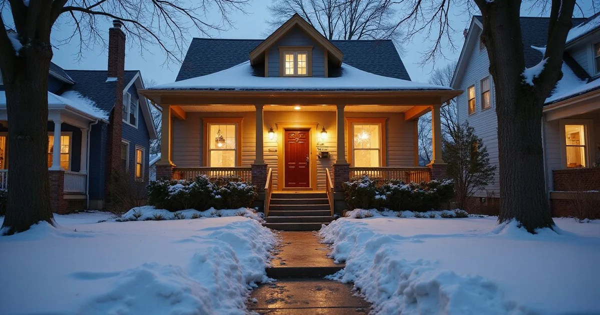 Shoveled front walk of a snowy Minneapolis craftsman home at dusk