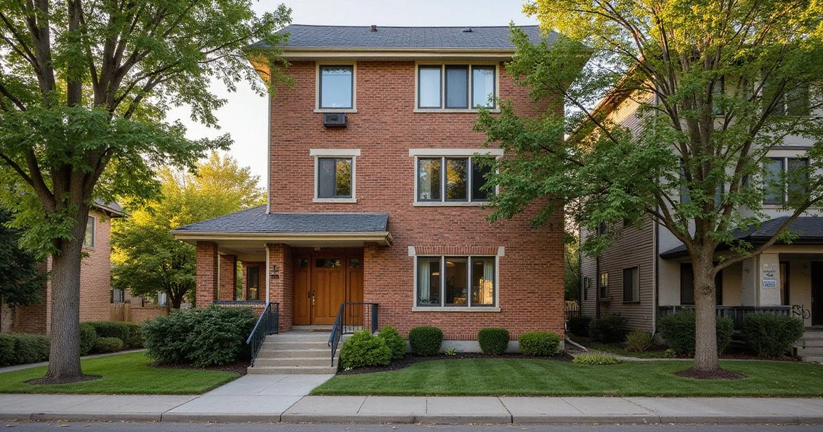 Small Minneapolis rental building with mature trees in soft light