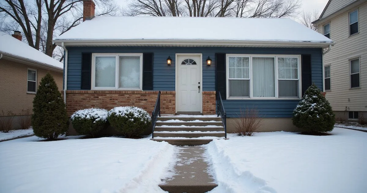 Snow-covered front walk of an empty Minneapolis house
