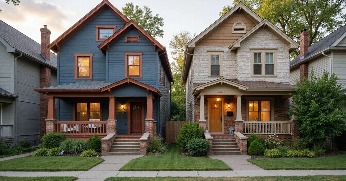 Two similar Minneapolis bungalows side by side, one updated and one dated