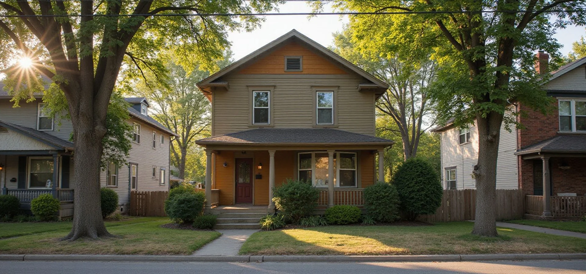 Classic Minneapolis story-and-a-half home with a dated exterior under mature trees in golden-hour light