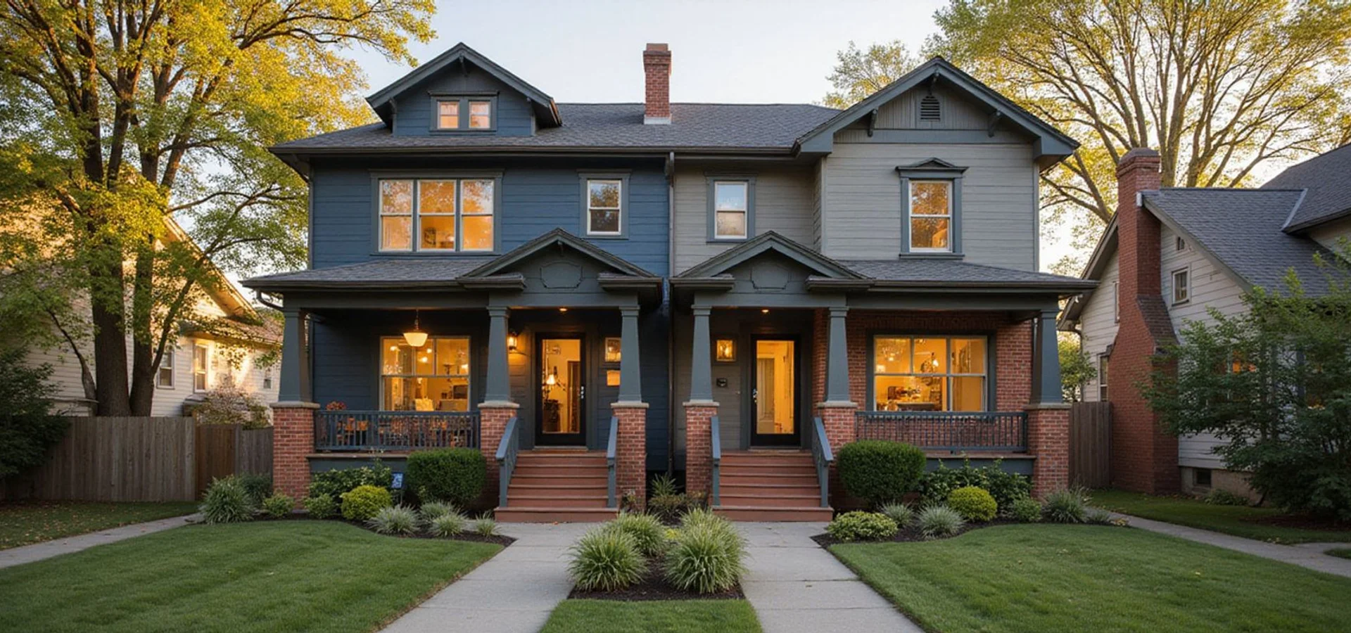 Classic Minneapolis up-and-down duplex with two front doors at golden hour