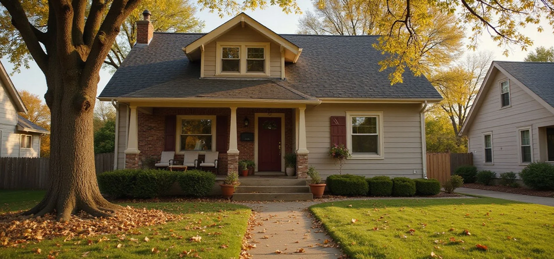 Long-held family home in Southwest Minneapolis with a front porch and autumn leaves
