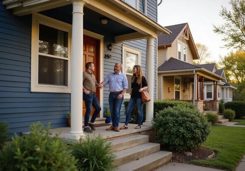 Local buyer talking with a homeowner on the front steps of a Minneapolis home