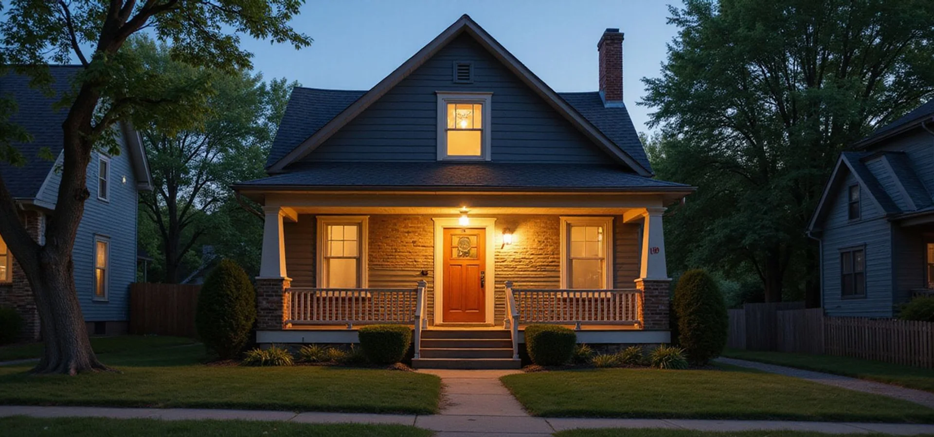 Minneapolis house front at dusk with a warm porch light on