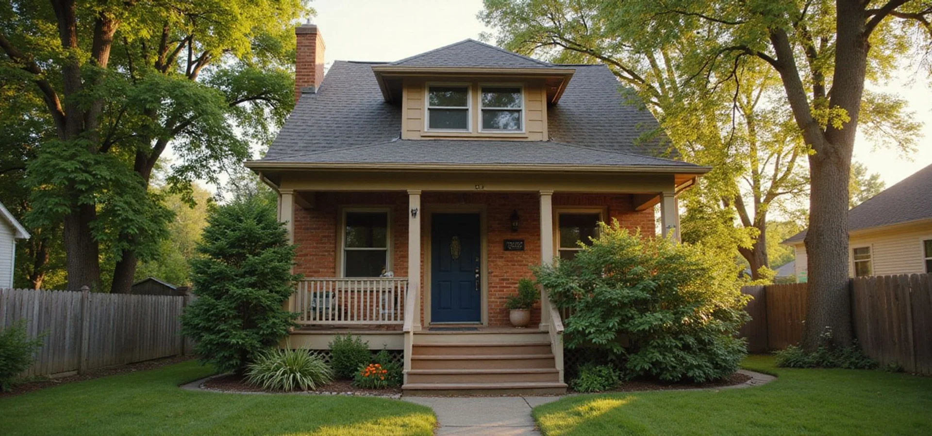 Modest Minneapolis home exterior with a full porch and overgrown garden