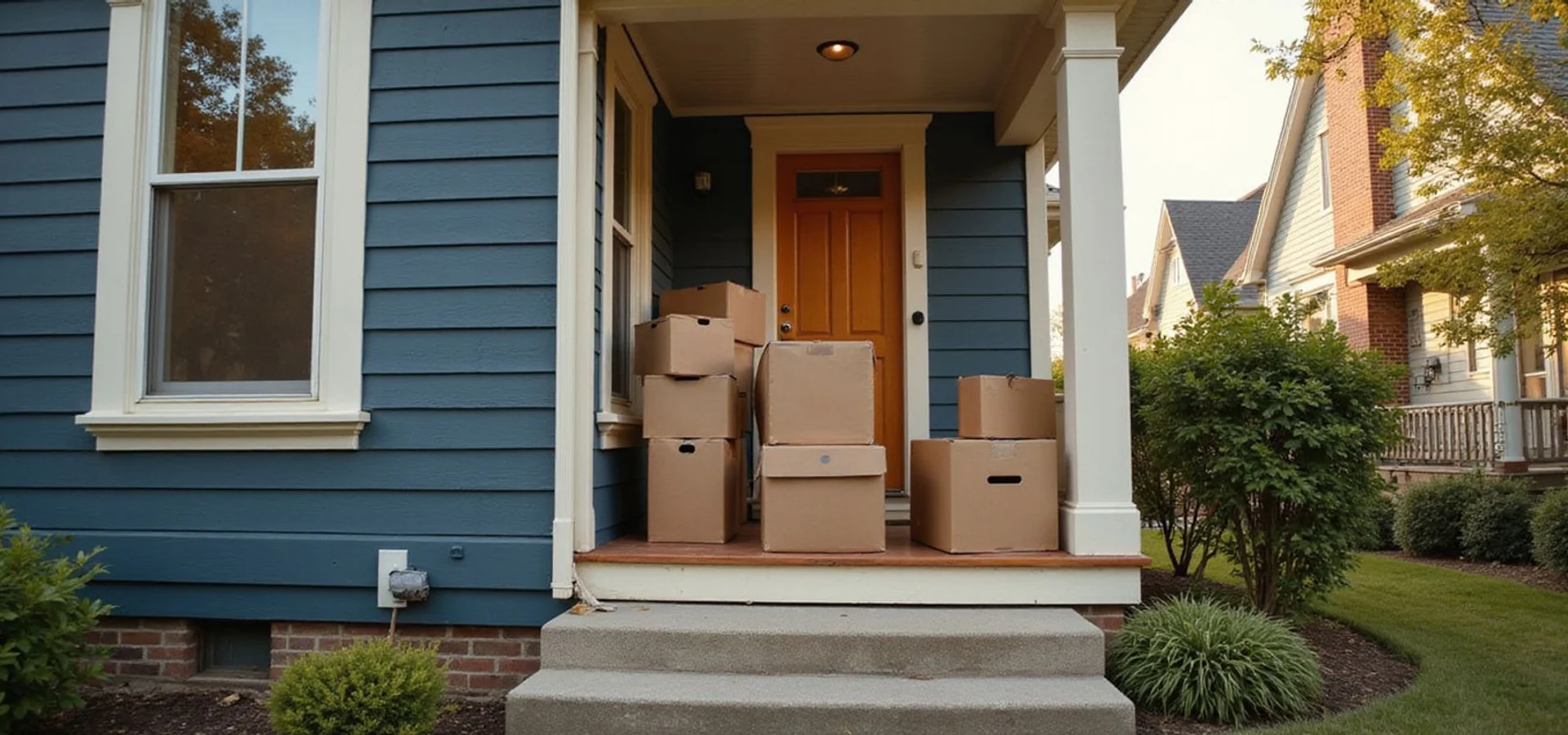 Moving boxes stacked on the porch of a Minneapolis craftsman home