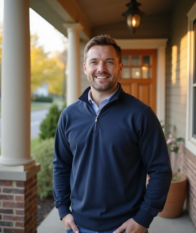 Portrait of Ryan Quade on the porch of a Minneapolis craftsman bungalow