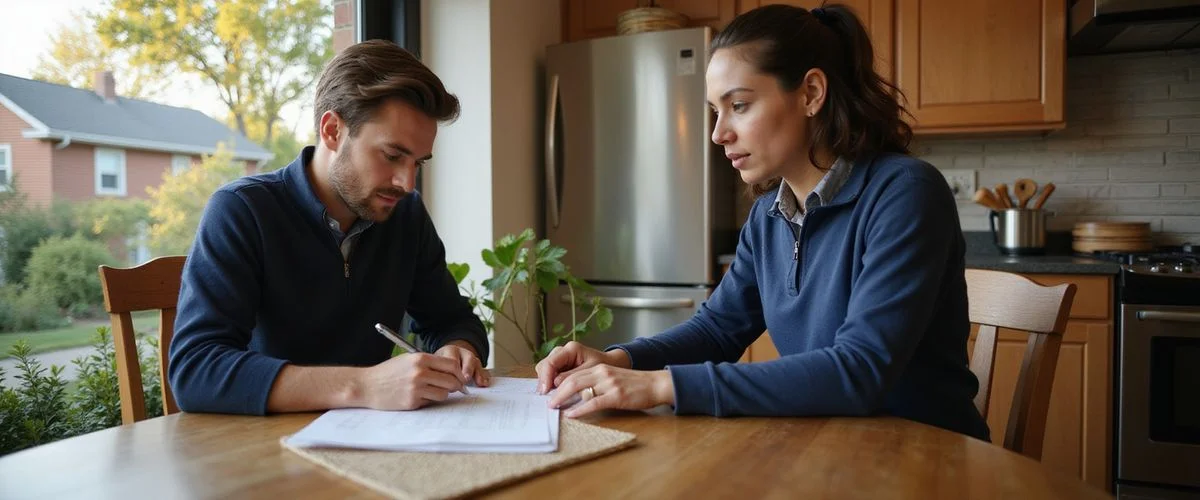 Ryan Quade and a homeowner reviewing written offer terms at a kitchen table